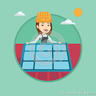 Technician installing solar panel on roof. Vector Illustration