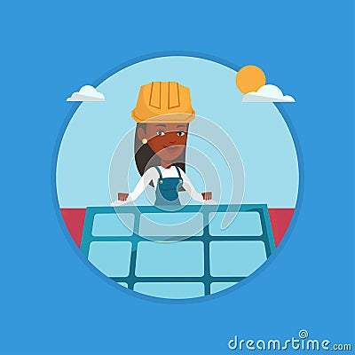 Technician installing solar panel on roof. Vector Illustration