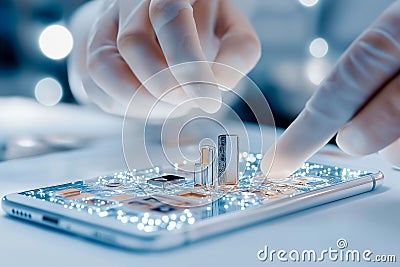 A technician meticulously examines a smartphone circuit, ensuring quality and functionality in a laboratory setting Stock Photo