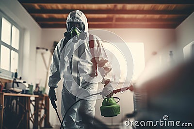 Technician in protective gear inspecting a residential property for pests, conveying professionalism and expertise in the Stock Photo