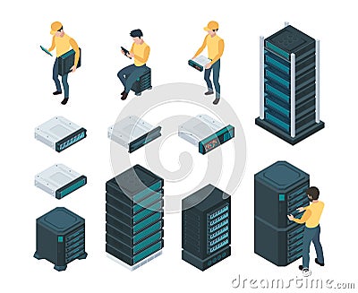 Technician in server room. Computer lan master with router communicate hardware cabling tech processes vector isometric Stock Photo