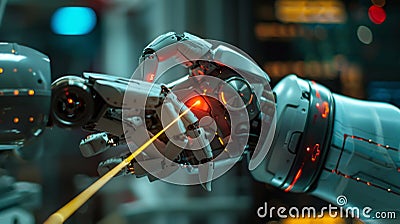 A technician using a laser tool to calibrate the sensors on a humanoid robots hand Stock Photo