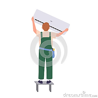 Technician worker cartoon character installing wall air conditioner isolated on white background Vector Illustration