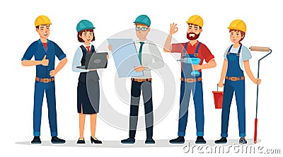 Technician workers and engineers team. Technicians people group, engineering worker and construction cartoon vector Vector Illustration