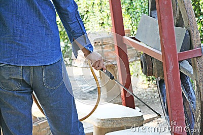 Technicians using equipment for inject eliminates termites Stock Photo