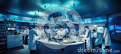 Technicians in white coats analyze samples in modern brewery lab for scientific beer brand Stock Photo