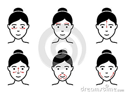 Technique of Facial Massage Silhouette Icon. Anti Aging Self Face Massage with Arrow Pictogram. Girl Beauty Treatment Vector Illustration