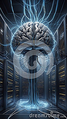 Techno Cognizance: The AI Saga Unfolded in Server Art. AI generate Stock Photo