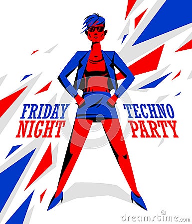 Techno electro party poster with cool stylish girl vector illustration, dance club. Vector Illustration