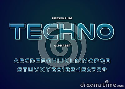 Techno futuristic font type custom alphabet. Typography technology electronic digital game music future Vector Illustration