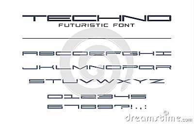 Techno futuristic wide font. Geometric, sport, future, digital technology alphabet. Letters and numbers for military Vector Illustration