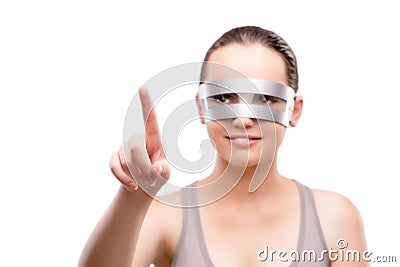 The techno girl pressing virtual button isolated on white Stock Photo