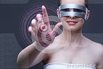 The techno girl pressing virtual buttons Stock Photo