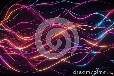 Techno glowing neon lines and waves abstract background Stock Photo