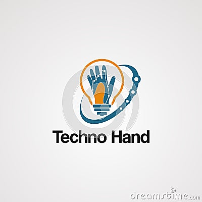 Techno hand logo vector with swoosh and bulb concept, element, icon, and template for company Vector Illustration