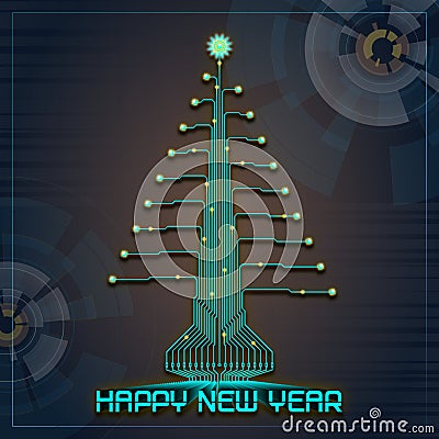 Techno Happy New Year Christmas Tree Stock Photo