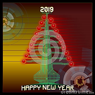 Techno Happy 2019. Technologic Christmas tree. Vector illustration of 2019 new year greetings Vector Illustration