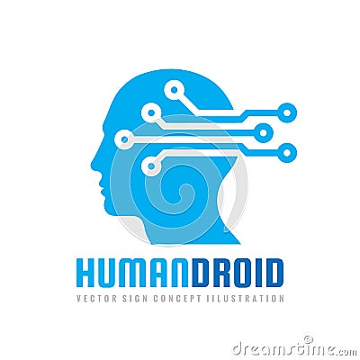 Techno human droid head vector logo concept illustration. Creative idea sign. Learning icon. People computer chip. Innovation. Vector Illustration
