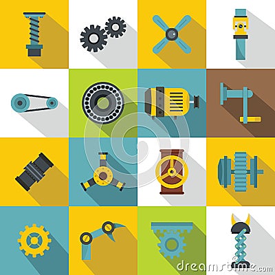 Techno mechanisms kit icons set, flat style Vector Illustration