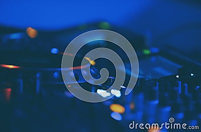 Professional dj audio equipment on edm music festival in night club Stock Photo