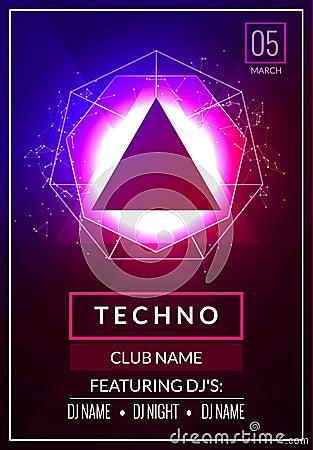 Techno music poster. Electronic club deep music. Musical event disco trance sound. Night party invitation. DJ flyer poster Vector Illustration