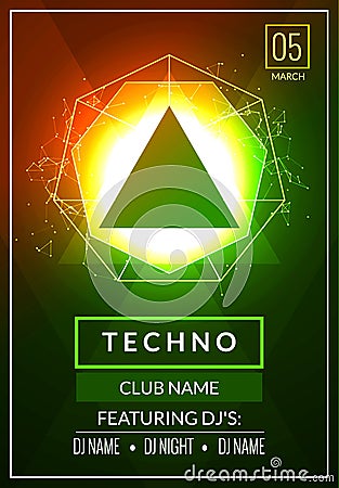 Techno music poster. Electronic club deep music. Musical event disco trance sound. Night party invitation. DJ flyer poster Vector Illustration