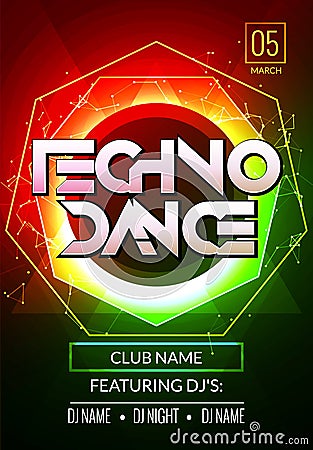 Techno music poster. Electronic club deep music. Musical event disco trance sound. Night party invitation. DJ flyer poster Vector Illustration