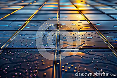 Techno Raindrops: Illuminated tiles with water droplets and abstract patterns, generative ai Stock Photo
