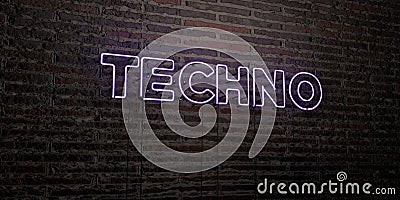 TECHNO -Realistic Neon Sign on Brick Wall background - 3D rendered royalty free stock image Stock Photo