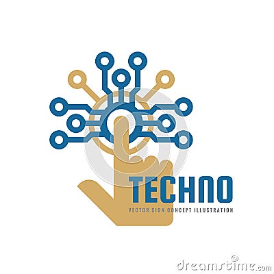 Techno - vector logo template concept illustration. Human hand touch computer electronic chip. Modern technology design element Vector Illustration