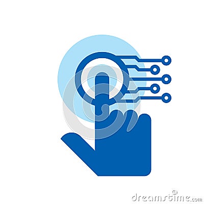 Techno - vector logo template concept illustration. Human hand touch computer electronic chip. Modern technology design element. Vector Illustration