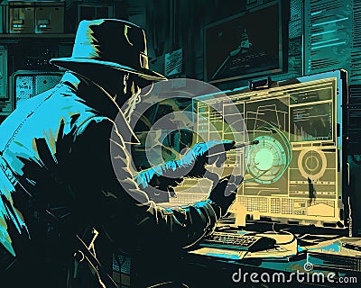 A technoir illustration of a detective analyzing a computer screen discovering hidden bug traces in the software Cartoon Illustration