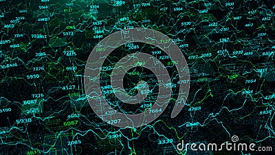 Technological background with the analytics and statistics data with graphs on black background. Animation. Green and Stock Photo