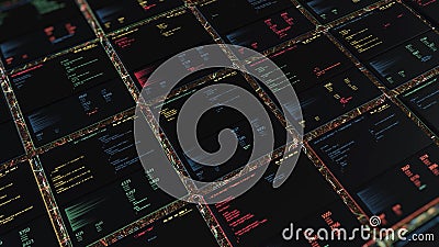 Technological background with flying mosaic with glowing changing data. Animation. Digital surface of a computer screen Stock Photo