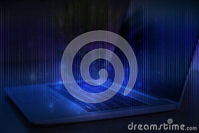 Technological background. Laptop with stripes of light on blue. Learn programming language, computer courses, training Stock Photo