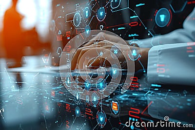 Technological care Doctors hand works with virtual icon diagram on computer Stock Photo
