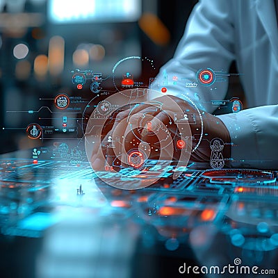 Technological care Doctors hand works with virtual icon diagram on computer Stock Photo