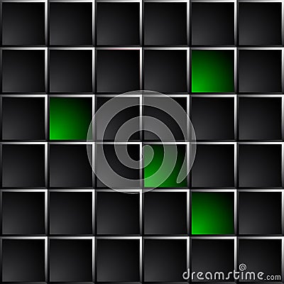 Technological dark background polished black and green squares. Vector Illustration