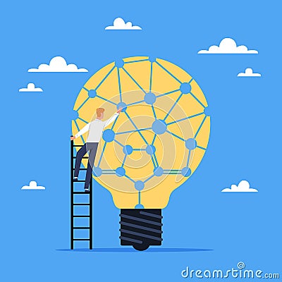 Technological ideas. Creating technologies, man on stairs and big light bulb, futuristic innovation in company Vector Illustration