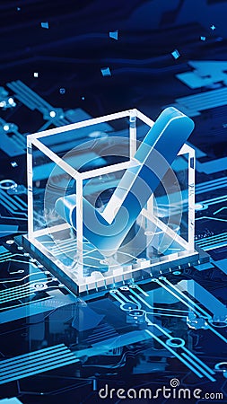 Technological image checkmark in transparent cube amid intricate blue circuits Stock Photo