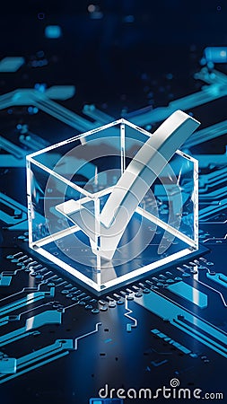 Technological image checkmark in transparent cube amid intricate blue circuits Stock Photo
