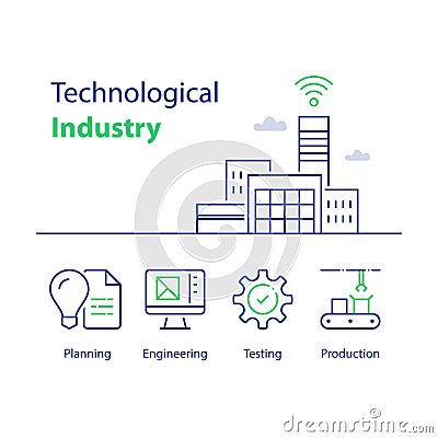 Modern factory building, technological industry, automated production, smart solution, assembly line, quality control Vector Illustration