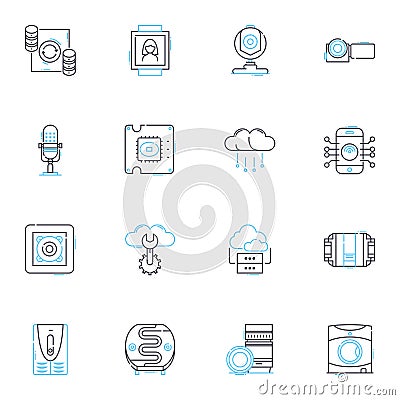 Technological instruments linear icons set. Gadgets, Robotics, Drs, Wearables, Virtuality, Internet, Chips line vector Vector Illustration