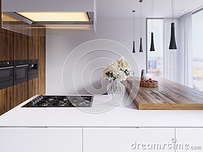 Technological modern kitchen in a minimalist style with a new generation of appliances. Hob, illuminated glass hood, ceiling Stock Photo