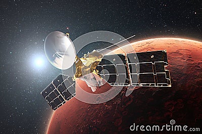 Technological satellite flies in orbit of the red planet Mars. Exploring the planet Mars. Surface of Mars with craters in stellar Stock Photo