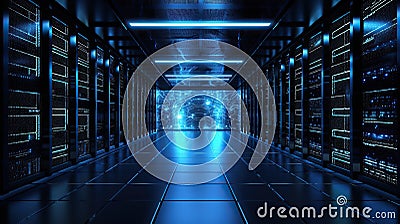 Technological Symphony in Dark: Server Racks Powering Future of AI and Neural Networks in a State-of-the-Art Data Center Stock Photo