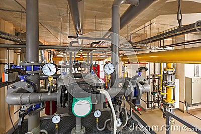 Technological unit of industrial, gas boiler with boilers; pumps; sensors and a variety of pipelines Stock Photo