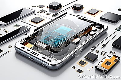 Technological Unveiling: Smartphone Disassembled Components Spread Out Geometrically on a White Surface, Wires and Circuitry Stock Photo