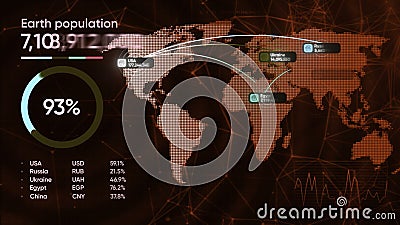 Technological world map with statistics. Motion. 3D graphic map of world and numerical values. Population of earth on Stock Photo