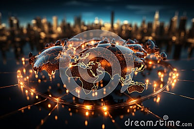Technological world network, Glowing lines on world map represent global communications Stock Photo